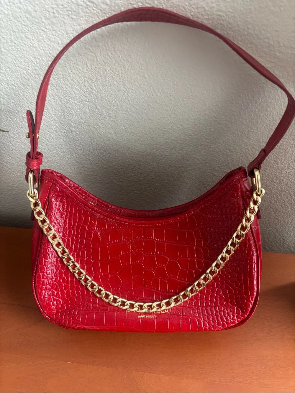 NWOT Red Croc-Embossed Italian Leather Shoulder Bag with Gold Chain
